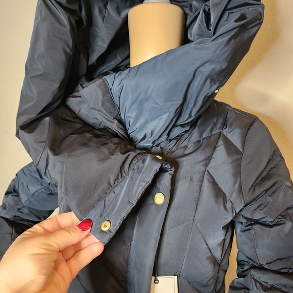 NWT Cole Haan Down Maxi Hooded Chevron Puffer Navy Coat. Women's size XS - Picture 5 of 16